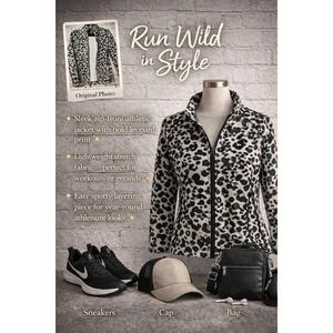 RUN WILD IN STYLE‎ Tommy Bahama Leopard Print Zip Athletic Jacket Black White XS